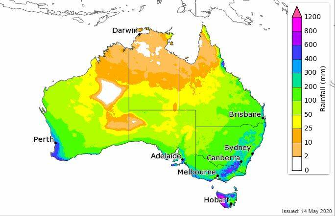 This map shows the minimum amount of rainfall there is a 50 per cent chance of receiving over winter according to BOM forecasts. Source: BOM.