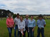 MAWARRA: Repeat buyers were a feature at Deanne and Peter Sykes Mawarra, Longford, open day. Here Rowena and Simon Turner, Bindi, met up with leading Hereford producers Merilyn and Russell Pendergast, Benamba. They were with Ms Sykes and Mawarra worker Connor Evans.