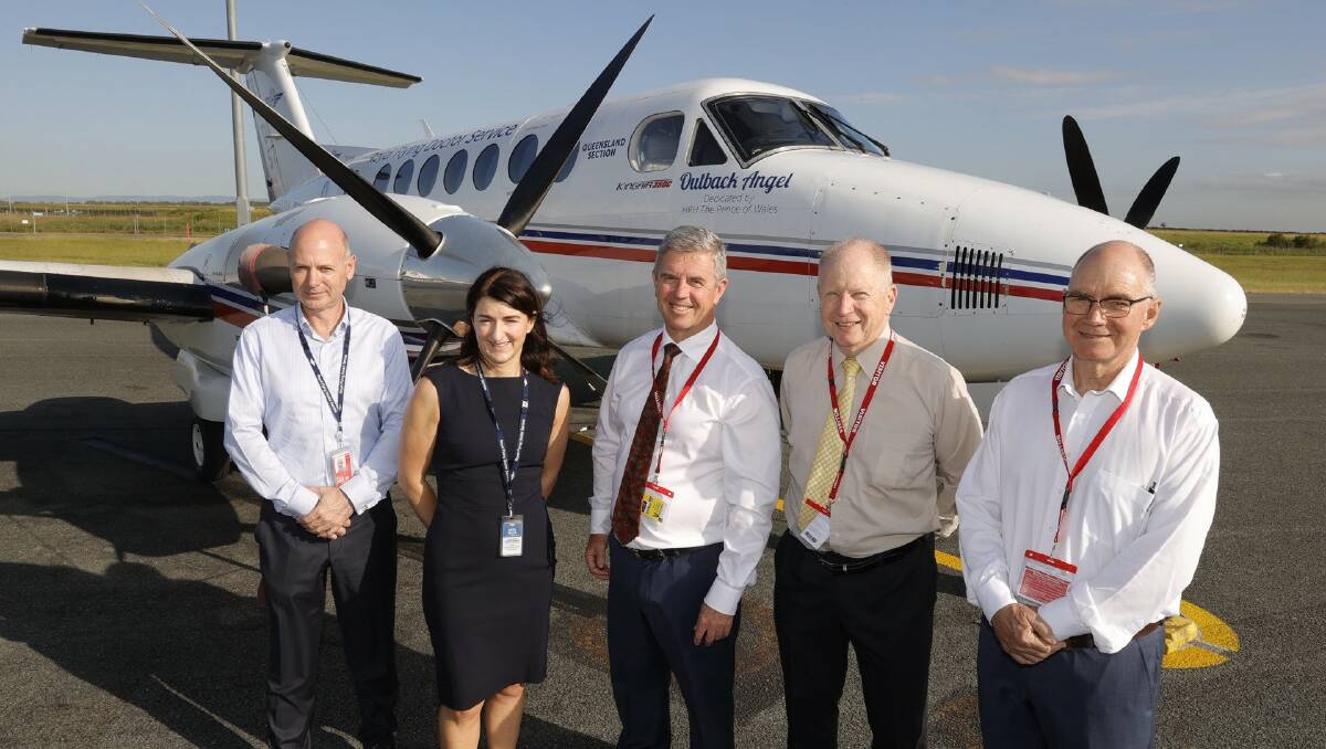 Glyn Butchard, executive general manager Aviation and Logistics, Dr Katie Clift, chief medical officer, RFDS Queensland section, David Gillespie MP, Russell Postle, chair, RFDS Queensland section, John ODonnell AM, chair of the RFDS Federation Board, at the announcement.