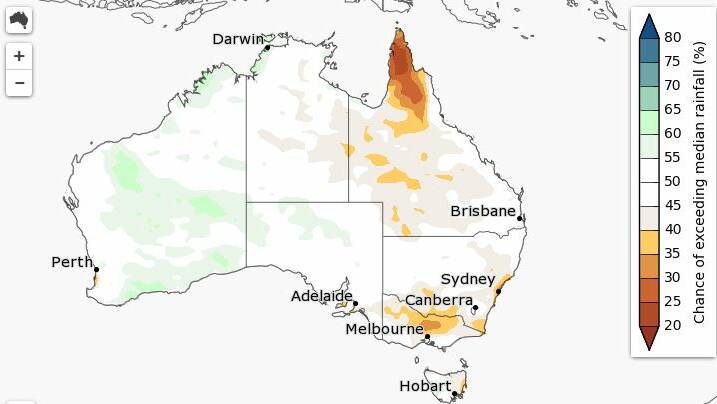 The chance of above median rainfall for April to June. Source: BoM