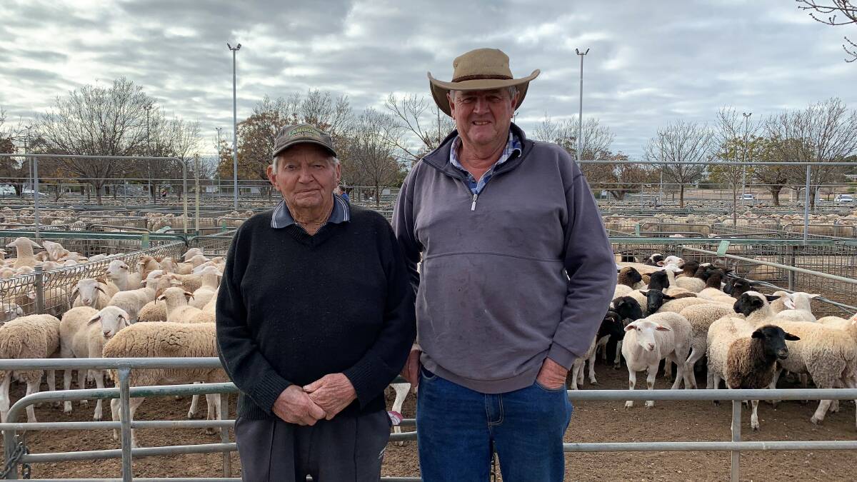 Ron Elliott, Underbool, and John Arentz, Manangatang, at Ouyen's recent sheep market.