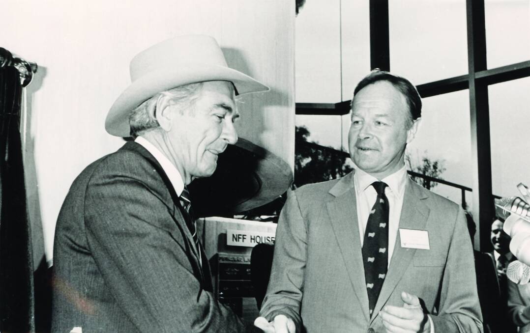  Hawke with Ian McLachlan after he opened new NFF headquarters in May, 1985. 