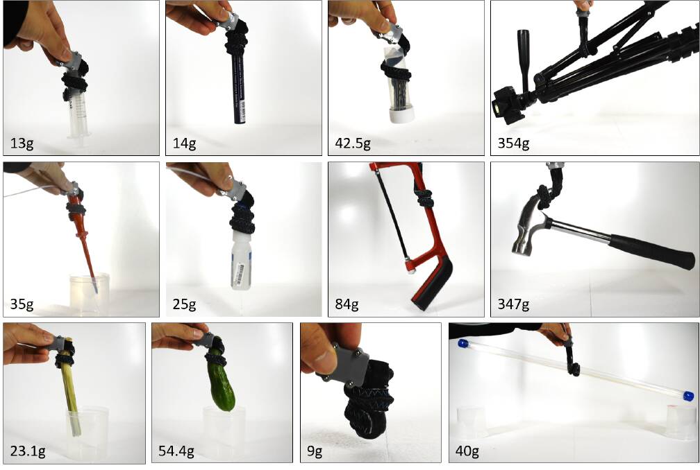 VARIETY: The gripper has been tested on a variety of objects both hard and soft, of various weights. 