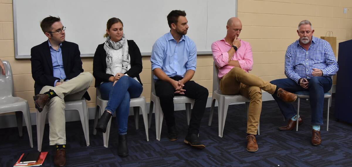 DISCUSSION: Panellists, Paul Martyn, Trade and Investment Qld, Rebecca Corbett, entrepreneurship facilitator, Cameron Greaves, Agri-Con Solutions, Jack Millbank, Biofilm, Bargara Brewing and Hortus Technical Services, and James Scotland, AI Group, at the Agforum 2019 at CQ University, Bundaberg, discussing the balance between family and business in the agriculture sector. 