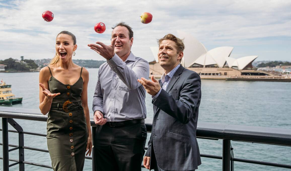 LAUNCH: Former Miss Universe Australia Rachael Finch with Scott Montague and Rowan Little from Montague, celebrating the 2019 season launch of the the Envy apple at Quay restaurant, Sydney. 