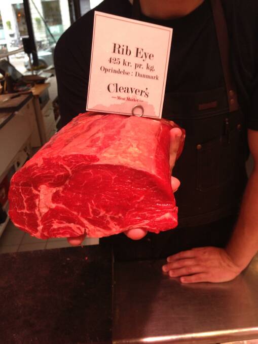 PRICEY: This locally produced Jersey rib-eye at Copenhagen market was priced at 425 krone/kg (AU$94/kg). 