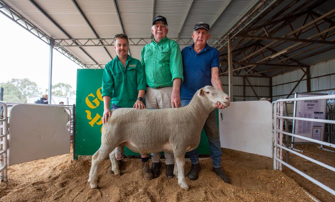 CHARITY LOT: Top price buyer Nick Clarke, Woomera Homestead, Furner, with Nutrien agent, Jim Noonan, Millicent and Gowan Brae principal Leigh Clifford.