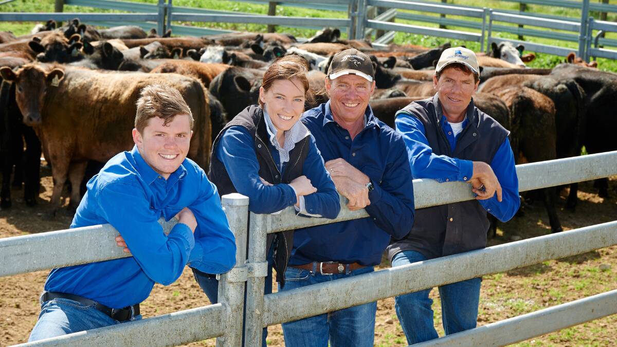 EFFICIENCY GAINS: Cousins Josh and Melissa Harvey, alongside brothers Grant and Ley Harvey, Strathdownie, Vic, have invested in improved irrigation technology, as well as a new set of cattle yards.