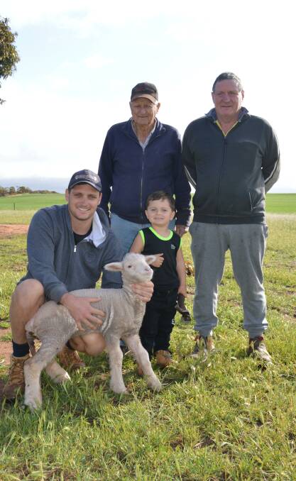 INSPIRATION: Potential future shearer/farmer Cooper McKenna (centre), Kyancutta, with father Ty, great-grandfather Henry, grandfather Blue and poddy lamb Hei Hei.