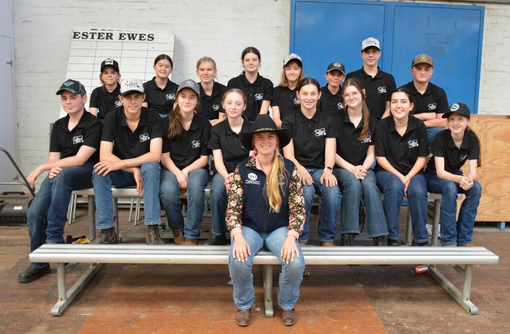 The 16 students from Flinders Christian Community College on the Mornington Peninsula, Vic, with farm manager Tess Runting (front). Picture by Elizabeth Anderson