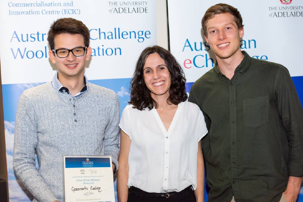 ONLINE ADVANTAGE: Grassroots Coding developers Daniel Ng and Trent Bowden, University of Adelaide, with AWI Farm Automation and Reproduction program manager Carolina Diaz.