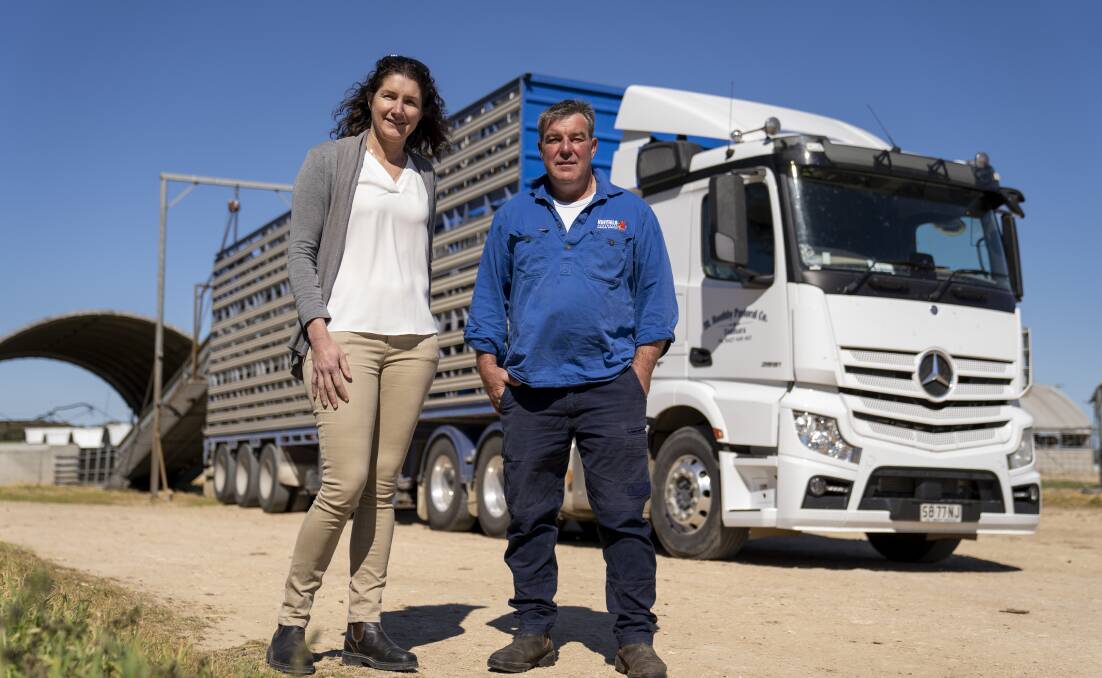 NEW LOOK: PIRSA Chief Veterinary Officer Mary Carr and Pork SA chair Andrew Johnson support the truck biosecurity upgrades at Seven Point Pork, Port Wakefield, and Big River Pork, Murray Bridge. 