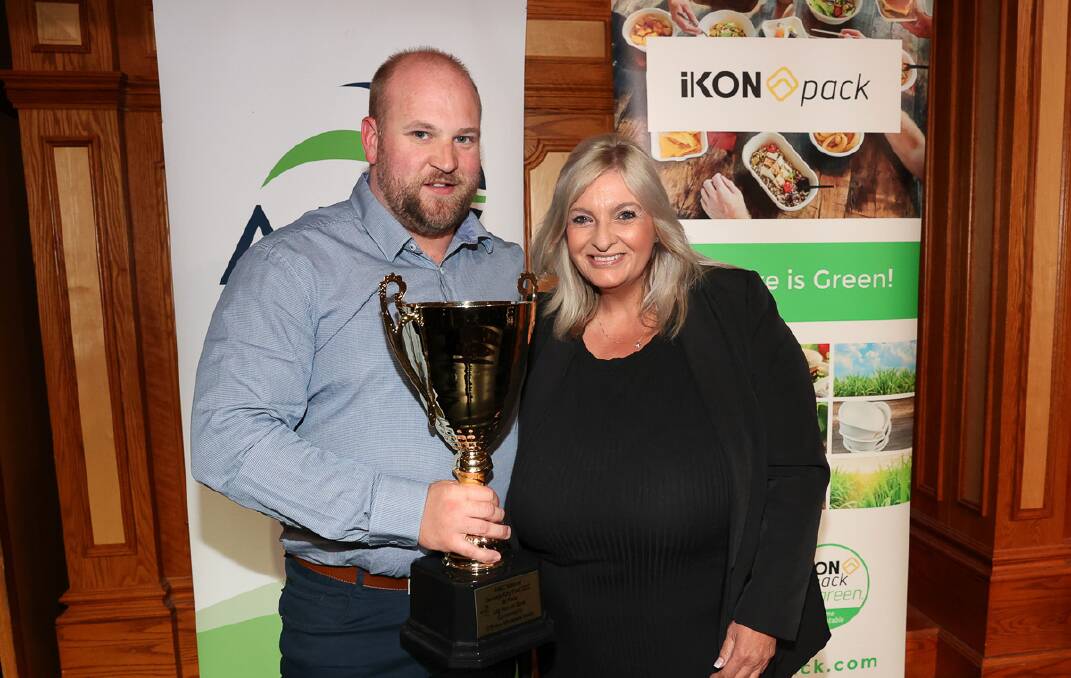 Bradley Turner, Balhannah Butchery, with Maria Pittman from OBriens Wholesale Meats SA, after winning best leg ham on bone - Australia-wide. Picture supplied