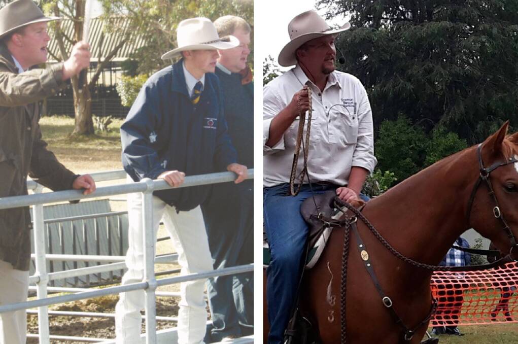 Stewart Bryant (pictured, left, with Stephen Daley, SAL Mount Gambier and SA ALPA chair Wayne Hall) during the 2006 competition and (right) performing as part of his whipcracking show. 