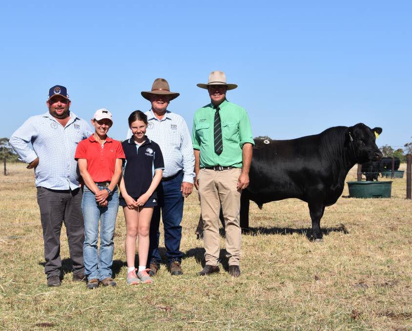 Goolagong's Heath Tiller, Warnertown, Nampara's Natalie and Charlotte Hann, Kingston SE, Brian Tiller and Nutrien stud stock's Richard Miller with the top price Lot 6, Goolagong L519 S157, bought for $20,000. Picture by Mark Scown