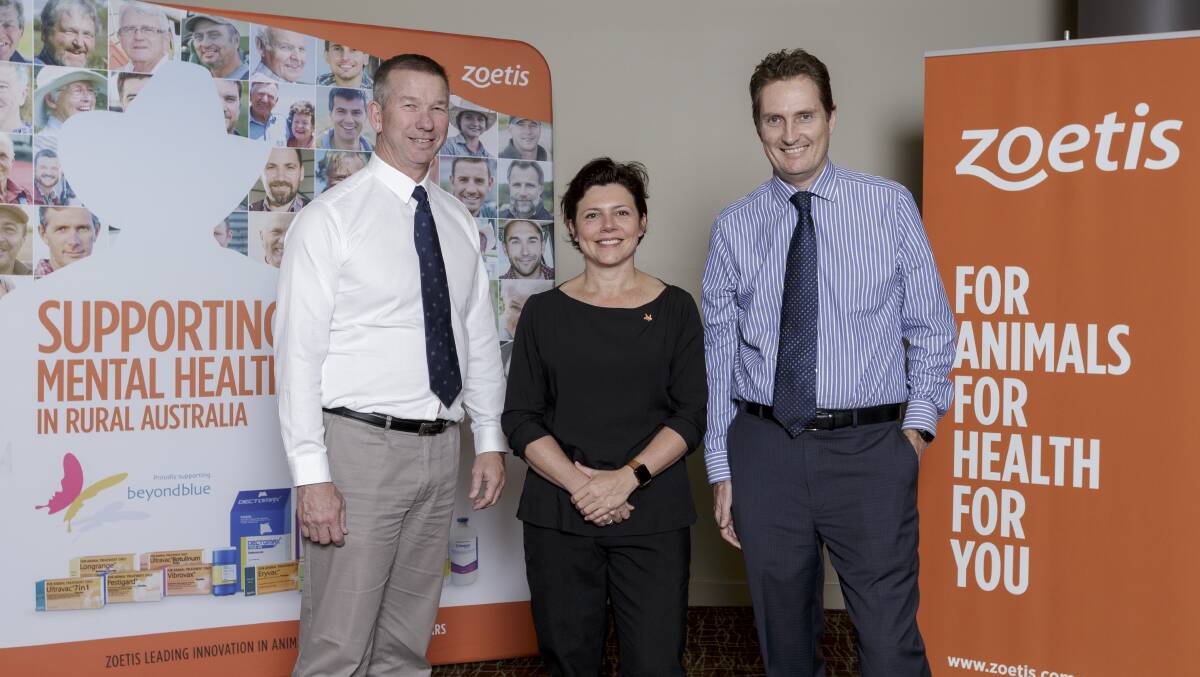 PARTNERSHIPS FORMED: beyondblue CEO Georgie Harman (centre) with Livestock Zoetis business unit director Fred Schwenke and Zoetis Australia and New Zealand vice president Lance Williams.  