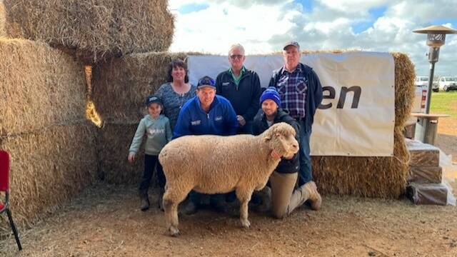 GOOD RESULT: (Back) Heather Holmes, Peter McEvoy, Jeffrey Kelsh, Wirrulla, with (front) Mila, 5, Milton Holmes and Robert Holmes with the top price ram. 