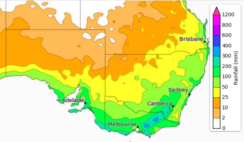 OUTLOOK: A map showing rainfall totals that have a 75 per cent chance of occurring for June to August. Map: BUREAU OF METEOROLOGY