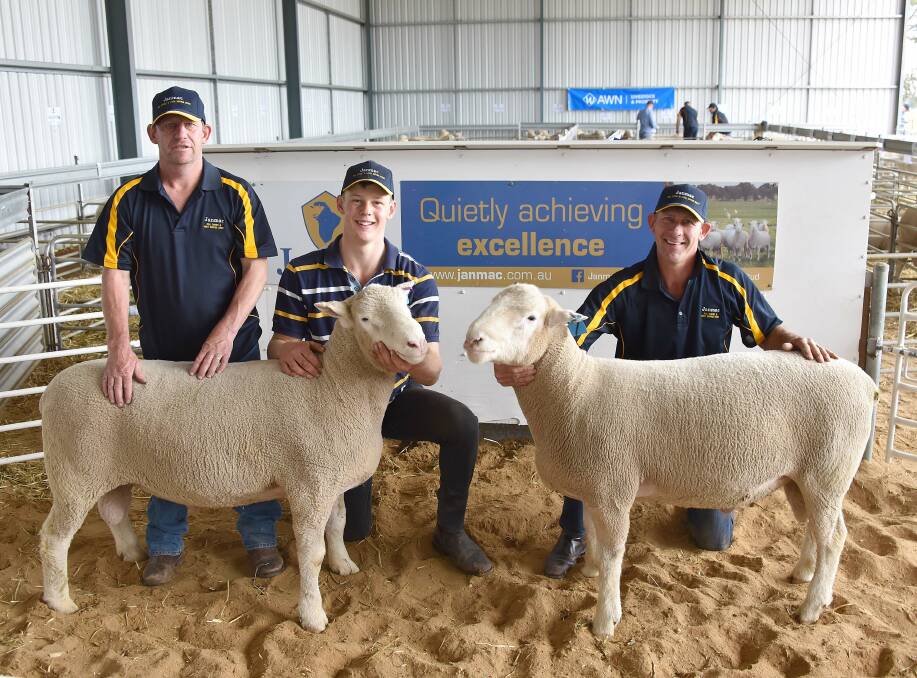 DASHING DUO: Bryce, Carl and Grant Hausler, Janmac, Goroke, Vic, with the two $7500 top price Poll Dorset rams.