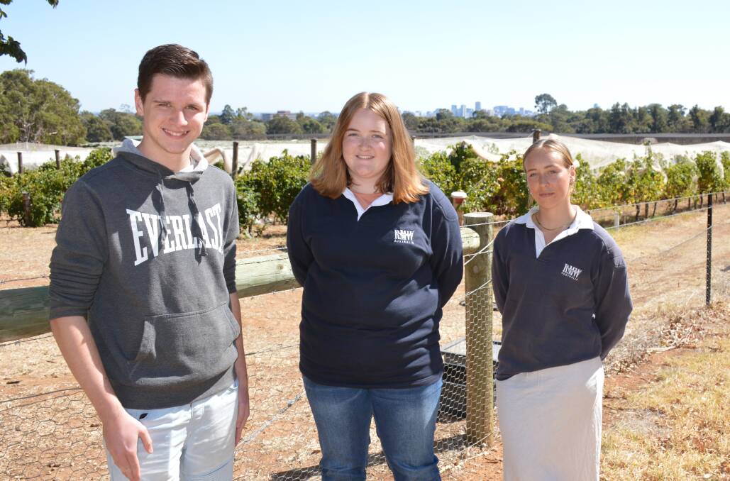First year Agricultural Science students Elijah Hazelton, Adelaide, Abbey Biggs, Balaklava, and Imogen Rivaz, Keith, at the Waite campus. Picture by Elizabeth Anderson