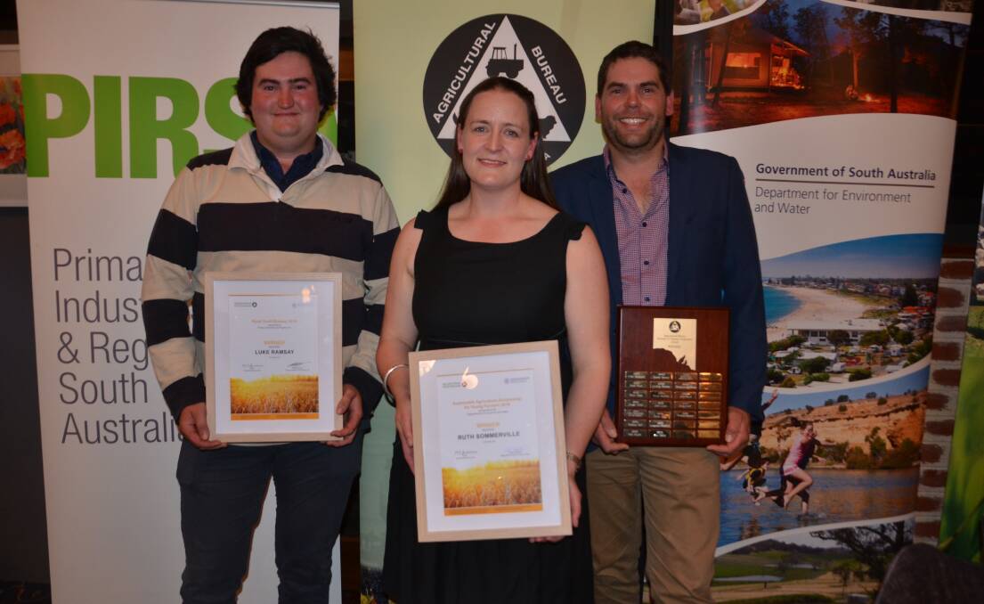 The 2018 winners: Rural Youth Bursary recipient Luke Ramsay, Sustainable Agriculture Scholarship Ruth Sommerville, Spalding, and Services to Primary Production Award winner Tristan Baldock, Buckleboo. 