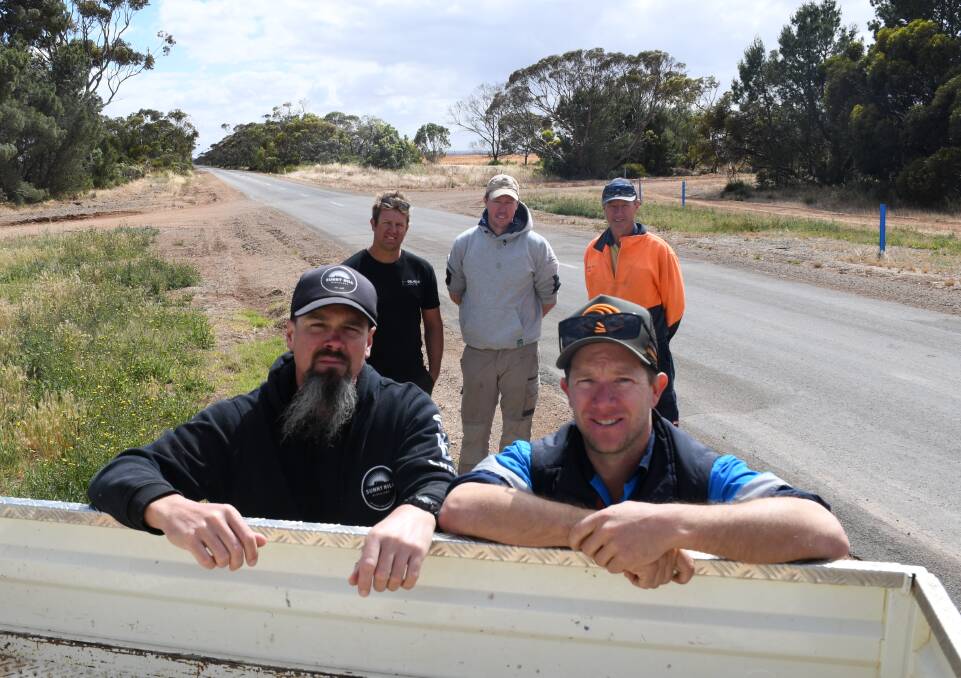 Concerned farmers and business owners gathered along the Upper Yorke Road between Kulpara and Arthurton to voice their dismay and concern at that state of the route. In front is Sunny Hill Distillery owner Sam Colliver and farmer Sam Correll. At back are local farmers Simon Westbrook, Tom Gardner and Paul Correll. 