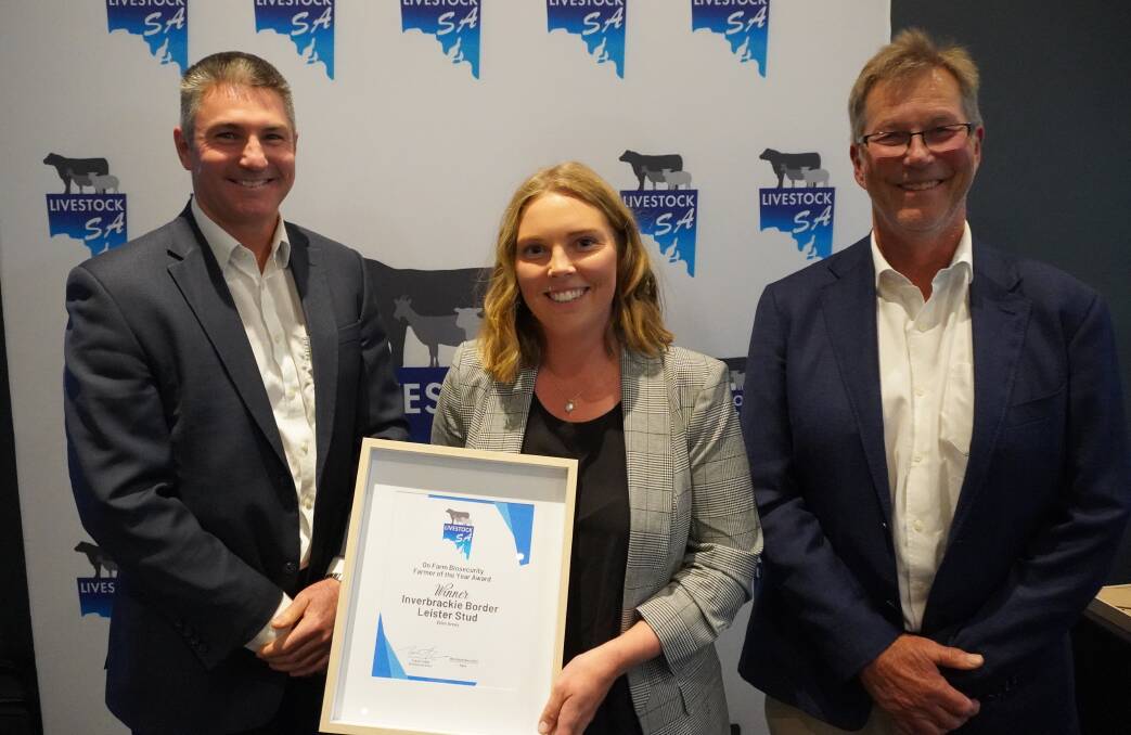Livestock SA CEO Travis Tobin and president Joe Keynes (right) with Ellen Arney, Inverbrackie, Finniss, who was named inaugural winner of the On Farm Biosecurity Farmer of the Year. Picture supplied
