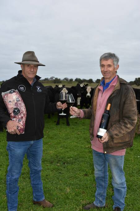 PERFECT PAIRING: Teys Australia's David Woolard and producer Morris Oliver, Avenue Range, toast to the success of the new 32 degrees south beef brand.