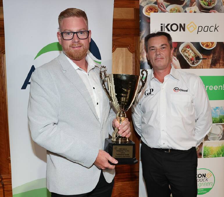 Nicholas Finn, Barossa Fine Foods, with Matt Crispe, GaP Solutions, after winning best pork sausage in Australia. Picture supplied