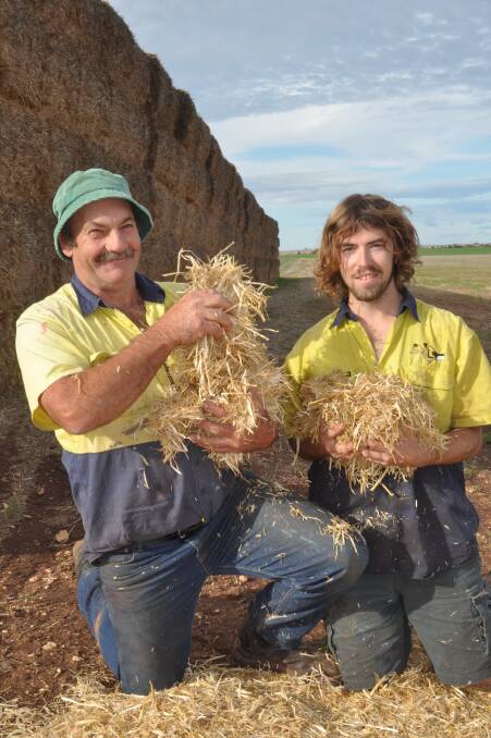 ALTERNATIVE ENERGY: Sandilands farmer David Linke (pictured with Dylan Wood) is excited about the spin offs of the Yorke Biomass Energy project for the region's economy. He is already stockpiling bales for the proposed plant. 