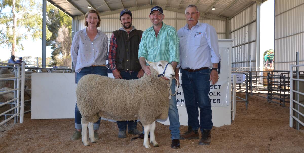 GENETIC INVESTMENT: Paxton principal Kirsty Harvey, Western Flat, buyer of the top price ram Duane Simon, McPiggery, Lameroo, Martin Harvey, Western Flat, and auctioneer Robin Steen, PPHS.