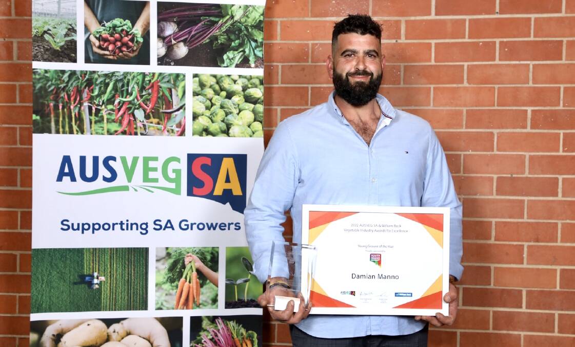 Damian Manno receiving his SA Young Grower of the Year award last month.
Photo: ANDREW BEVERIDGE