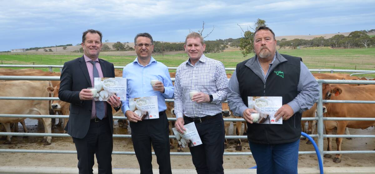 NEXT STEP: Primary Industries Minister Tim Whetstone, Golden North managing director Peter Adamo, Dairysafe CEO Geoff Raven and SADA president John Hunt welcomed the launch of an action plan for the state's dairy industry.
