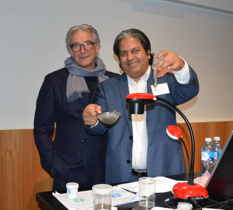 FRESH APPROACH: OTH's Anthony Bertini and Akshat Talwalkar with pure collagen extracted from cattle hides.