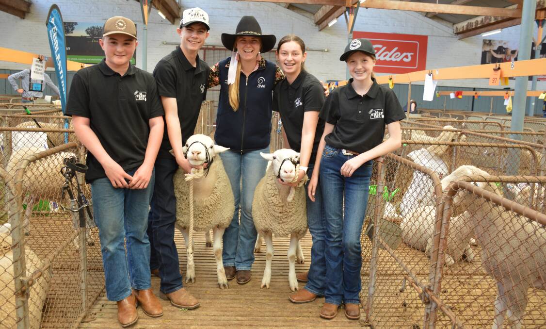 Former SA Sheep Expo winner Tess Runting (centre) with Flinders Christian Community College students Max Penny, Flynn Beck, Ella Spilling and Jayde Sarginson, who made the trip from central Victoria to compete. Picture by Elizabeth Anderson