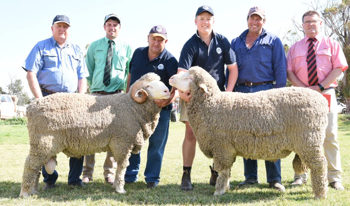 Ron Sheppard, Hurtlegrove Pastoral Co, Orroroo, Nutrien's Josh Nourse, Mulloorie's Peter Meyer with top price Merino, Darcy Meyer with top price Poll Merino, Tim Hall, Carunna Vale, Jamestown, and Elders stud stock manager Tony Wetherall. Picture by Chelsea Ashmeade 