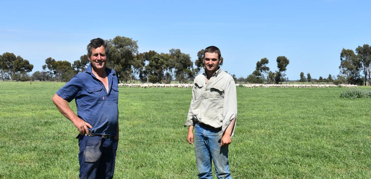 RIGHT PRODUCT: Don Murdoch and Mike Craig, Bringalbert South, Vic, in front of the first-cross ewe lambs to be offered at Naracoorte this month. 