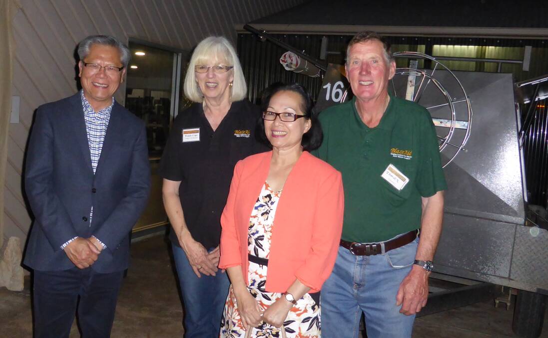 BIG SUPPORT: Roseworthy BlazeAid camp coordinator Wendy Cope (second from left) with SA Governor Hieu Van Le and wife Lan Le and volunteer James Graetz. 