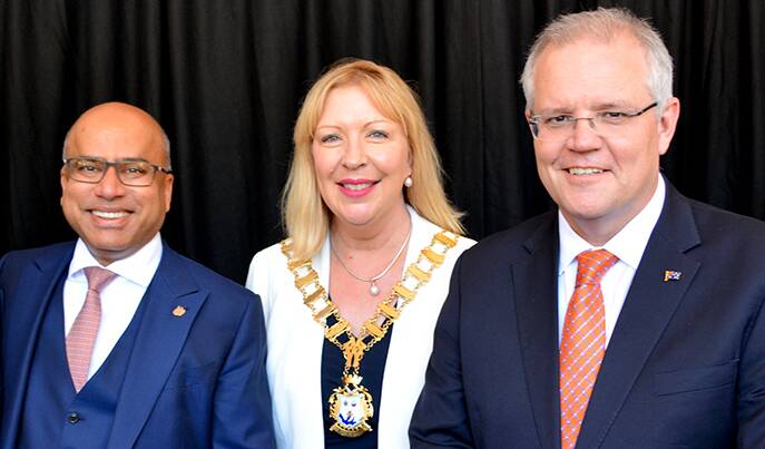 MOVING FORWARD: Sanjeev Gupta with Whyalla mayor Clare McLaughlin and Australian Prime Minister Scott Morrison.