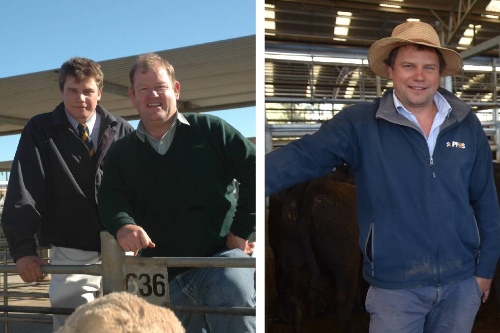 Josh Manser with ALPA chair Wayne Hall in 2007 and (right) at the Naracoorte weaner sales at the start of the year. 