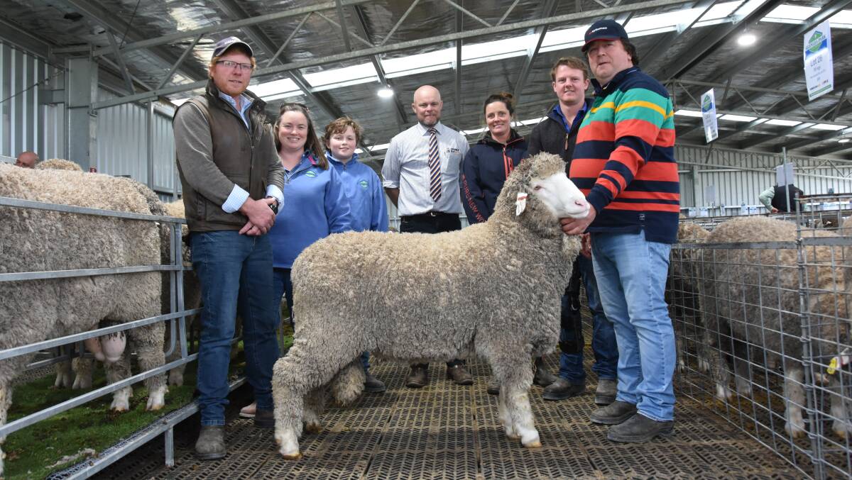 Dale Bruns, Glenlea Park stud's Marianne and James Wallis, Spence Dix & Co's Luke Schreiber, Nareen stud managers Asta Vickery and Henry Burbury, Nareen, Vic and Will Lynch, Boorana stud, Woorndoo, Vic with the $28,000 sale topper. Pictures by Catherine Miller 