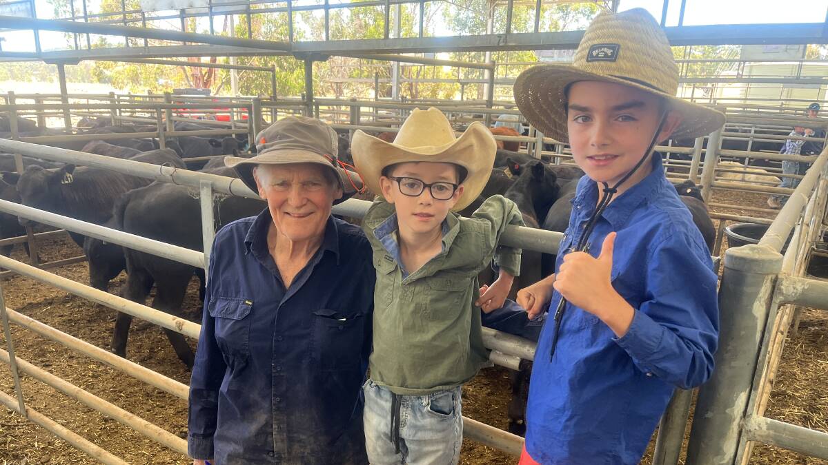 Dick Forrest with grandsons Ned, 8, and Jack, 11, Stump Hill, Barjag, sold 70 steers at Yea on Friday.

