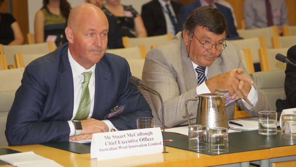 AWI chief executive Stuart McCullough and chairman Wal Merriman during Senate Estimates in Canberra earlier this year.