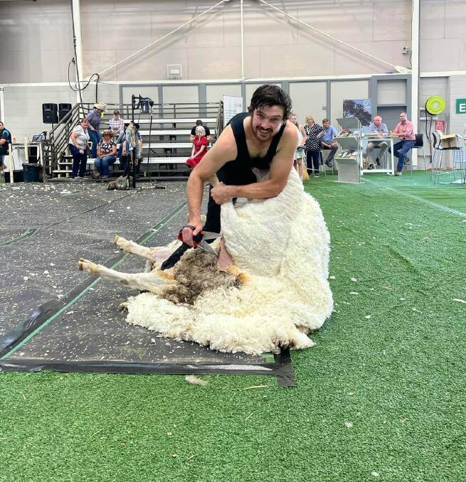 Sam Picker, Bigga blade shearing during the production competition at the Sydney Royal. Mr Picker raised $8500 for Herd of Hope's Shearer's Gift initative. 