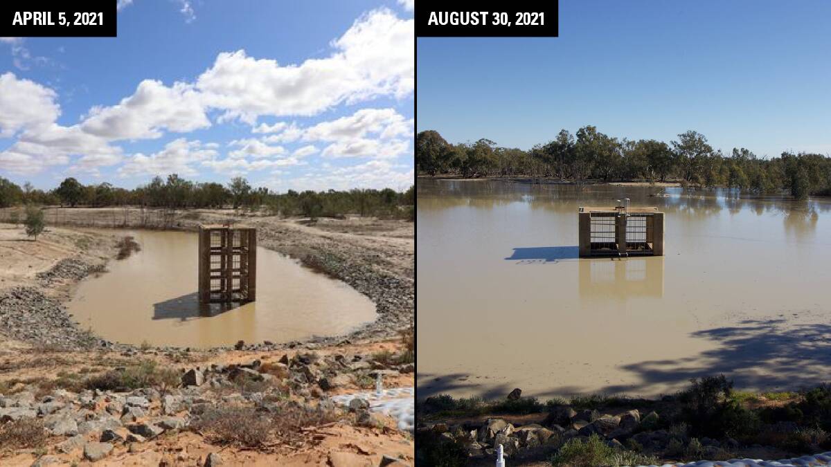 The difference four months can make. The Menindee Lake Outlet on April 5 and August 30 this year. The Menindee Lakes are expected to reach full capacity in the coming weeks. Photos: Michael Minns Photography, Menindee