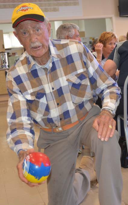 STYLE: Joe van der Lee shows his bowling style while at his 95th birthday party at the BHAS Bowling Club.