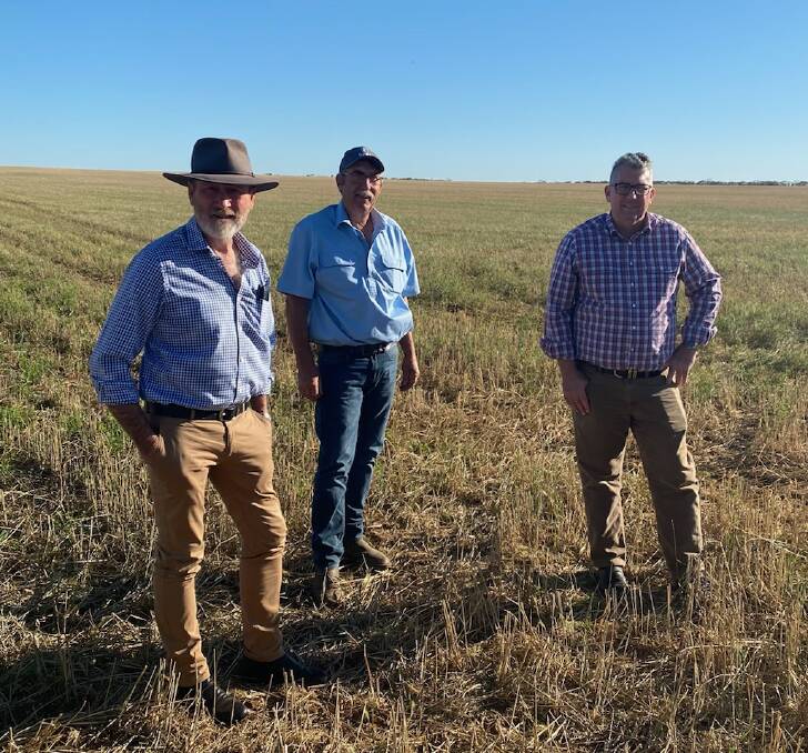 DISCUSSION: Member for Grey Rowan Ramsey, Napandee land owner Jeff Baldock and Federal Resources Minister Keith Pitt at the proposed National Radioactive Waste Management Facility site. Photo: Supplied