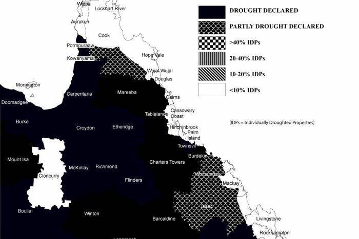 The map of Queensland showing Cloncurry as the only western council area that is now not drought declared.