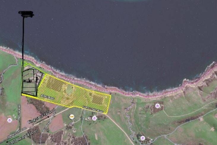 KIPT's proposed Smith Bay port and jetty in black and the neighbouring abalone farm marked in yellow. 