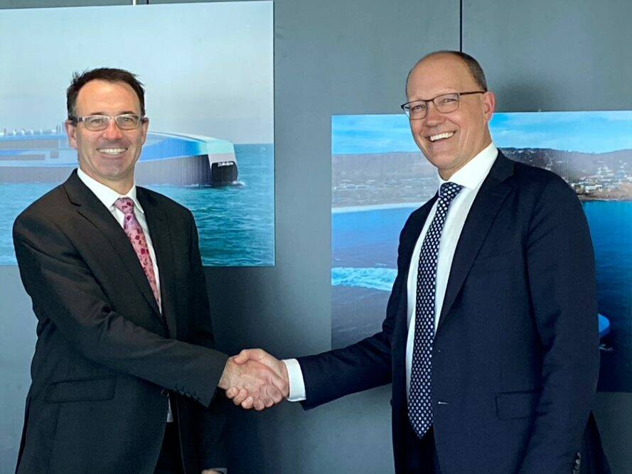 CONTRACT ANNOUNCEMENT: Kelsian CEO Clint Feuerherdt with Minister for Infrastructure and Transport Corey Wingard. Photo supplied 